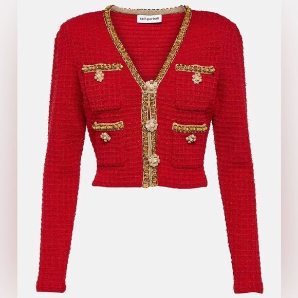 NWOT SELF-PORTRAIT BEAD-EMBELLISHED WAFFLE-KNIT V NECK TWEED CARDIGAN - RED - Picture 2 of 14